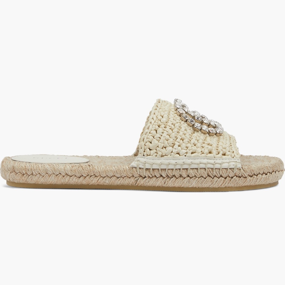 Authentic Gucci Cora Crystal GG Logo Espadrille Slide Sandal Raffia New 10 - Picture 3 of 11